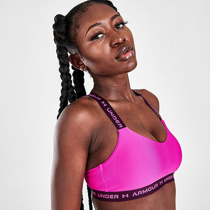 On Model 5 view of Women's Under Armour Crossback Low Light-Support Sports Bra in Meteor Pink Click to zoom