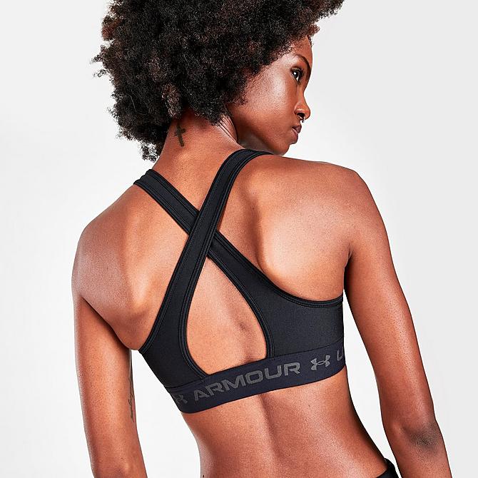 On Model 5 view of Women's Under Armour Mid Crossback Medium-Support Sports Bra in Black/Jet Gray Click to zoom