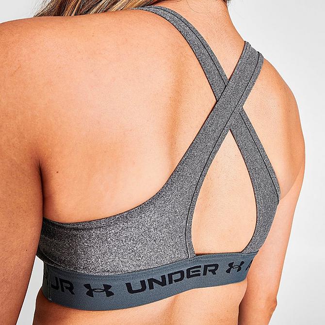 On Model 5 view of Women’s Under Armour Mid Crossback Heather Medium-Support Sports Bra in Light Heather/Pitch Grey Click to zoom