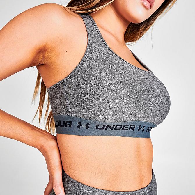 On Model 6 view of Women’s Under Armour Mid Crossback Heather Medium-Support Sports Bra in Light Heather/Pitch Grey Click to zoom