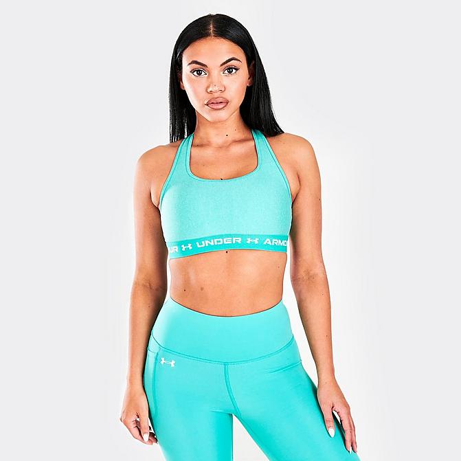 Front view of Women’s Under Armour Mid Crossback Heather Medium-Support Sports Bra in Neptune Click to zoom