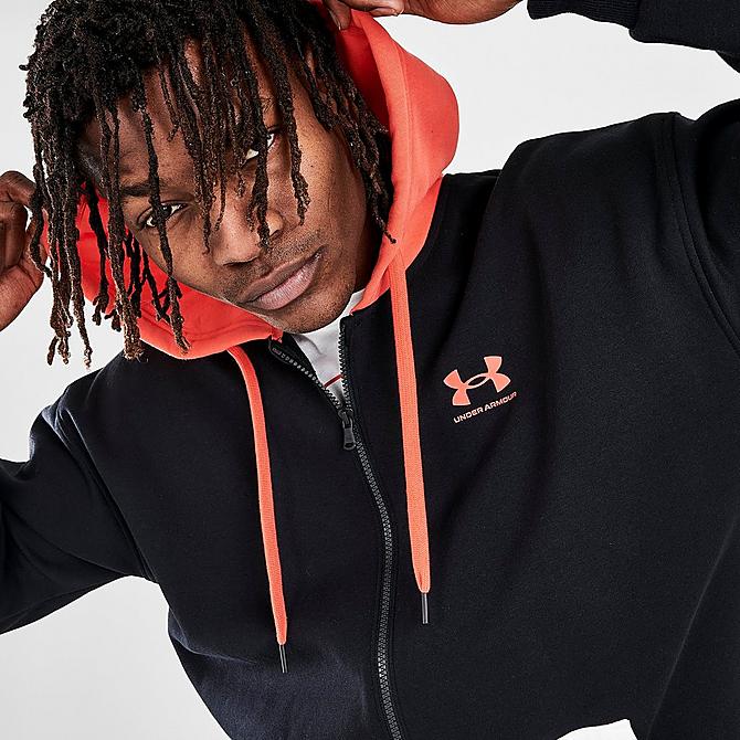 On Model 5 view of Men's Under Armour Rival Fleece Colorblock Full-Zip Hoodie in Black/White Click to zoom