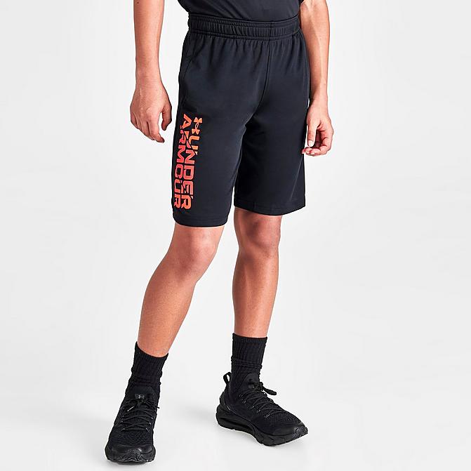 Front view of Boys' Under Armour UA Prototype 2.0 Wordmark Shorts in Black/Beta Click to zoom