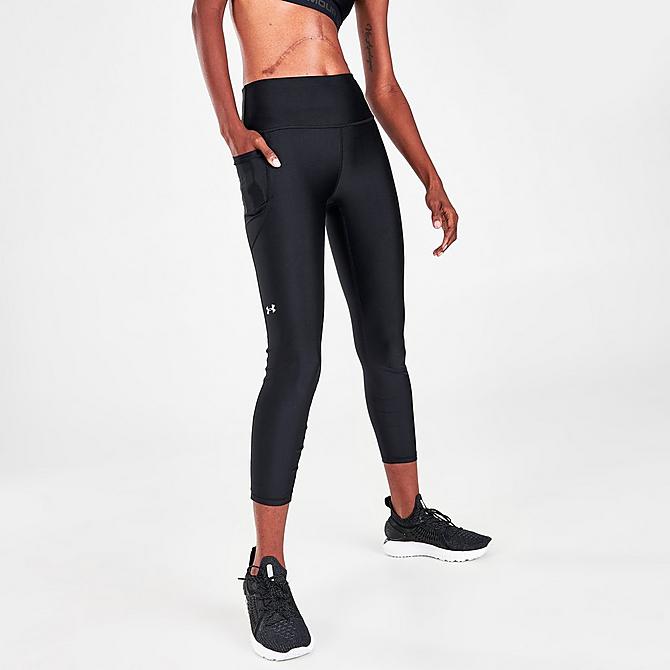 Front Three Quarter view of Women's Under Armour HeatGear Armour No-Slip Waistband Ankle Leggings in Black/White Click to zoom