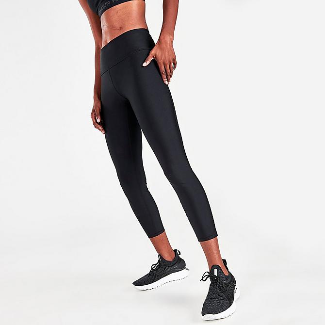 Back Left view of Women's Under Armour HeatGear Armour No-Slip Waistband Ankle Leggings in Black/White Click to zoom