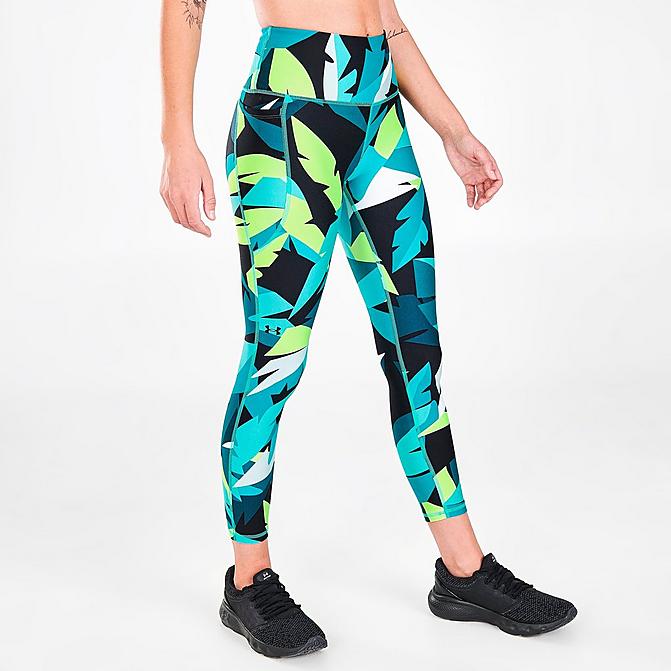 Front view of Women's Under Armour HeatGear No-Slip Waistband Allover Print Cropped Performance Leggings in Neptune Click to zoom