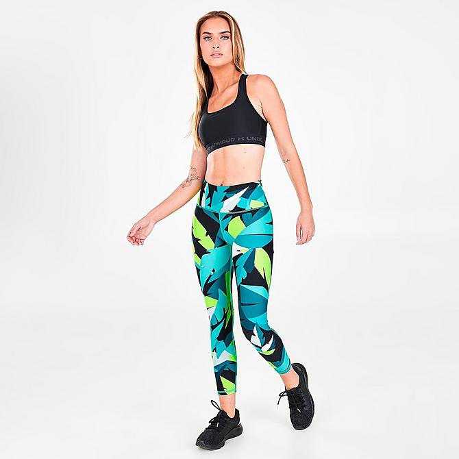 Front Three Quarter view of Women's Under Armour HeatGear No-Slip Waistband Allover Print Cropped Performance Leggings in Neptune Click to zoom