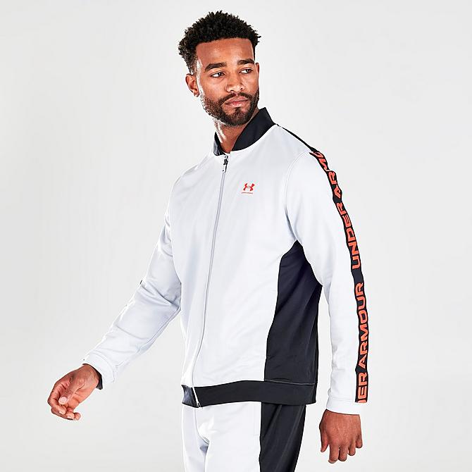 Back Left view of Men's Under Armour Tricot Track Jacket in White/Orange Click to zoom