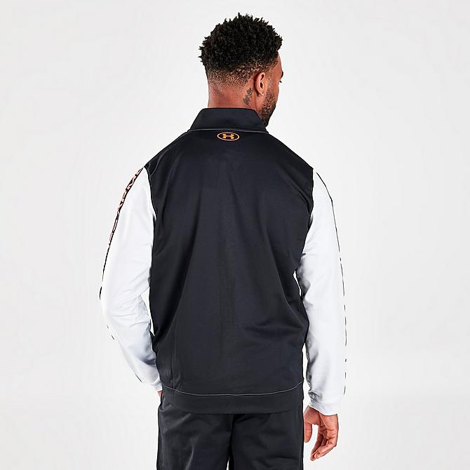 Back Right view of Men's Under Armour Tricot Track Jacket in White/Orange Click to zoom