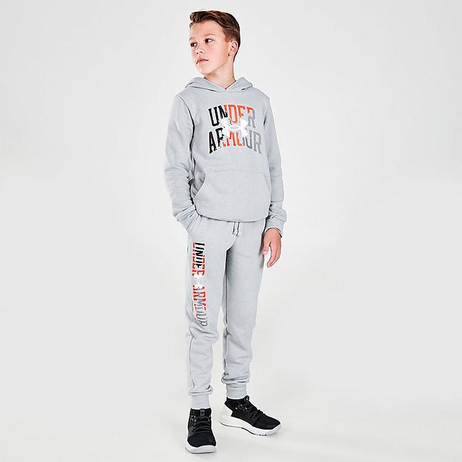 Front view of Boys' Under Armour Dual Logo Jogger Pants in Heather Grey Click to zoom