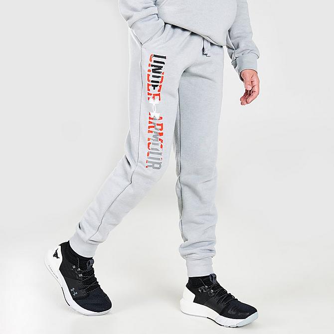 Back Left view of Boys' Under Armour Dual Logo Jogger Pants in Heather Grey Click to zoom