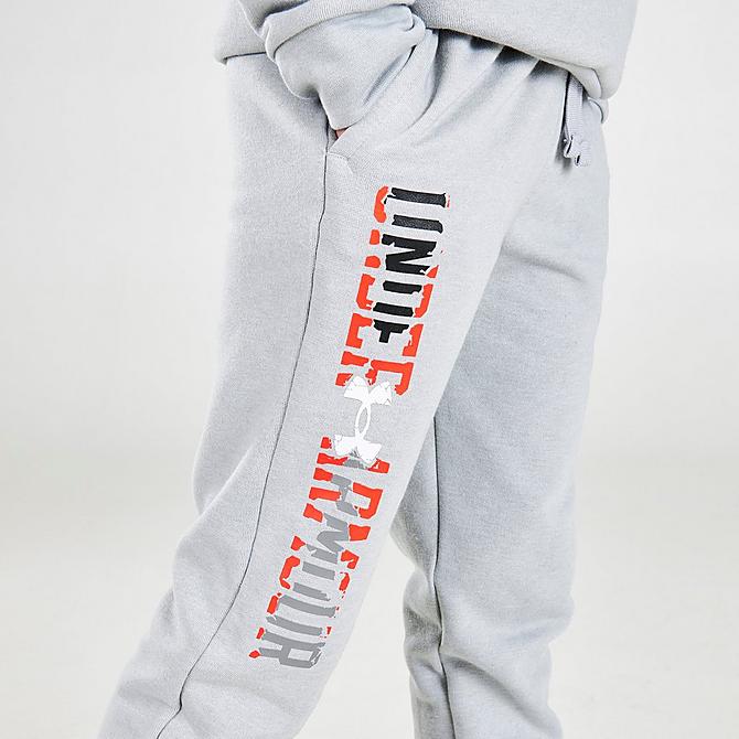 On Model 5 view of Boys' Under Armour Dual Logo Jogger Pants in Heather Grey Click to zoom