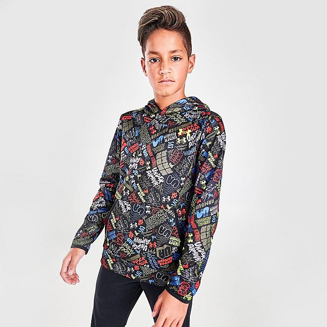 Back Left view of Boys' Under Armour Fleece Scribble Hoodie in Black/Multi Click to zoom