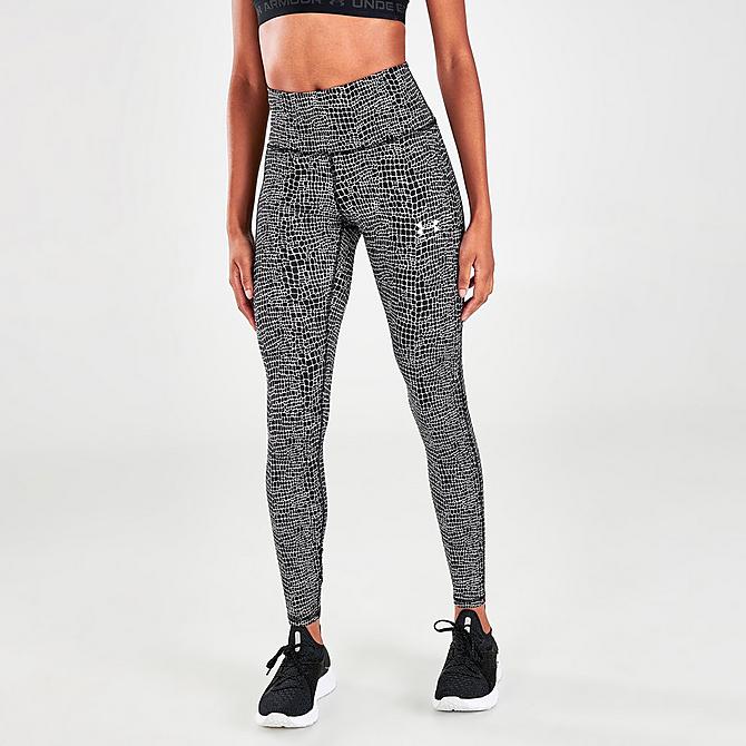 Front Three Quarter view of Women's Under Armour HeatGear Graphic Print Leggings in Black Click to zoom