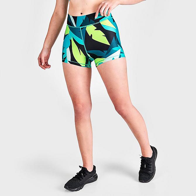 Back Left view of Women's Under Armour HeatGear Mid-Rise Printed Shorty Shorts in Neptune/Sea Mist Click to zoom