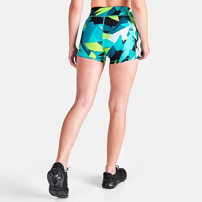 Back Right view of Women's Under Armour HeatGear Mid-Rise Printed Shorty Shorts in Neptune/Sea Mist Click to zoom