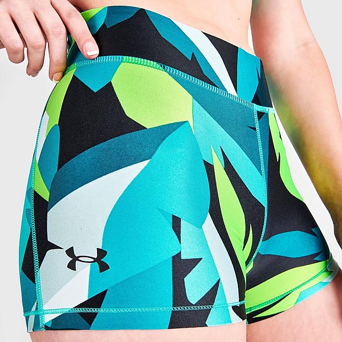 On Model 5 view of Women's Under Armour HeatGear Mid-Rise Printed Shorty Shorts in Neptune/Sea Mist Click to zoom