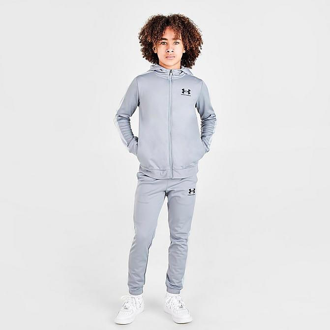 Front view of Boys' Under Armour Knit Hooded Track Suit in Steel Click to zoom