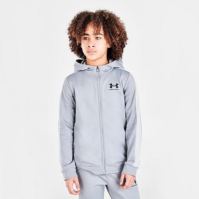 Back Left view of Boys' Under Armour Knit Hooded Track Suit in Steel Click to zoom