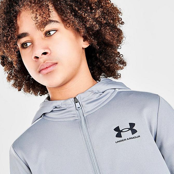 On Model 5 view of Boys' Under Armour Knit Hooded Track Suit in Steel Click to zoom