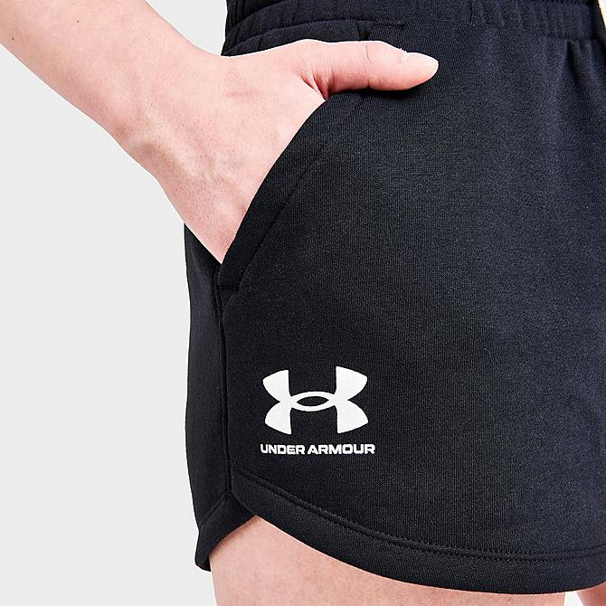 On Model 5 view of Women's Under Armour Rival Fleece Shorts in Black Click to zoom