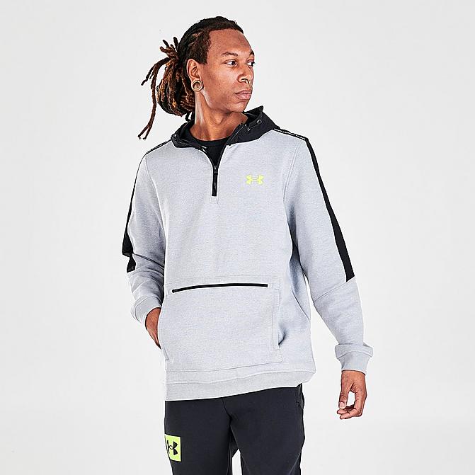 Front view of Men's Under Armour Threadborne Knit Fitted Hoodie in Light Grey/Black Click to zoom