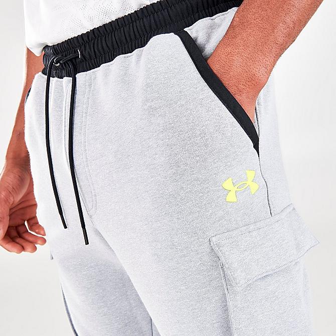 On Model 5 view of Men's Under Armour Threadborne Fleece Jogger Pants in Grey Marl/High Vis Click to zoom