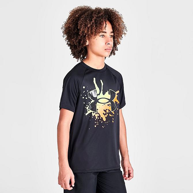 Back Left view of Boys' Under Armour UA Tech Big Logo Splash T-Shirt in Black Click to zoom