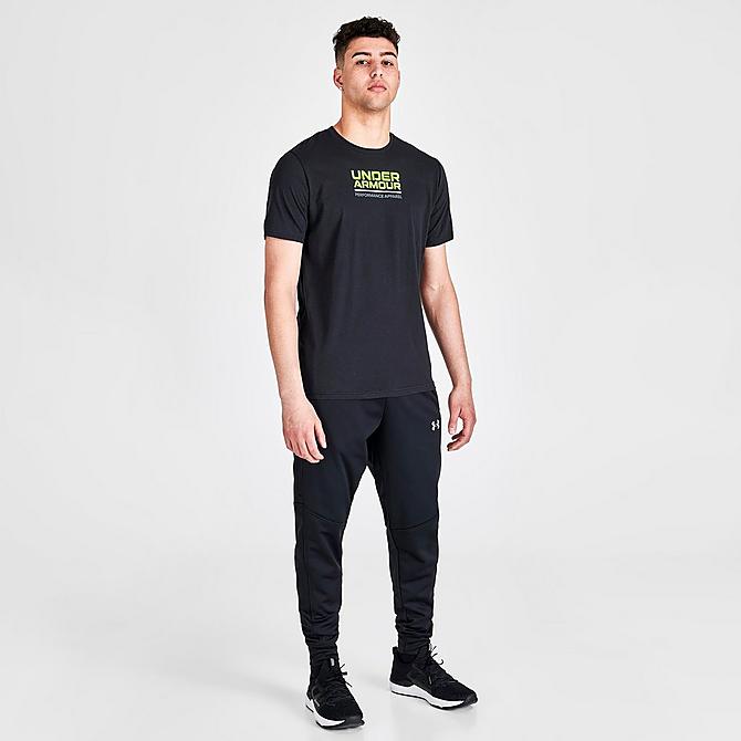 Front Three Quarter view of Men's Under Armour Multicolor Box Logo Short-Sleeve T-Shirt in Black/Quirky Lime Click to zoom
