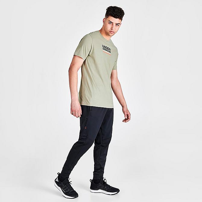 Front Three Quarter view of Men's Under Armour Multicolor Box Logo Short-Sleeve T-Shirt in Khaki/Grey/Black Click to zoom