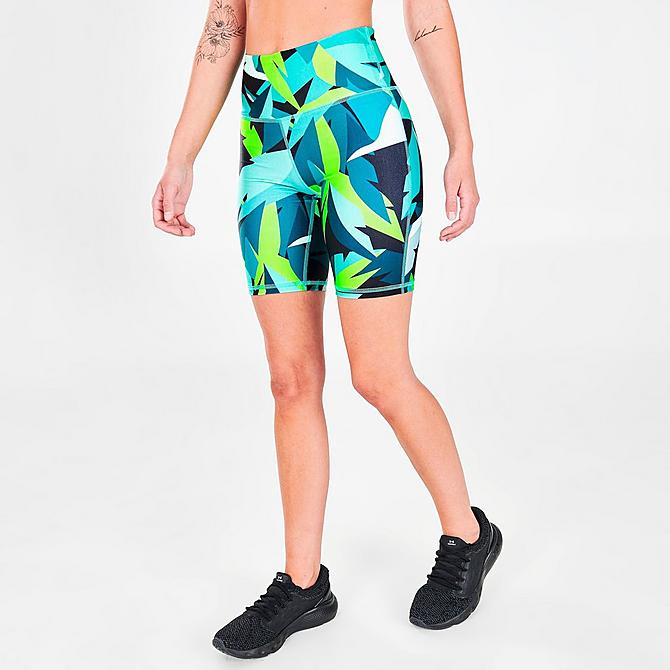 Back Left view of Women's Under Armour HeatGear Bike Shorts in Neptune Click to zoom