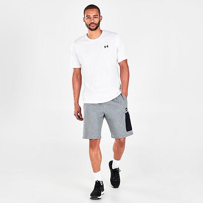 Front Three Quarter view of Men's Under Armour Rival Fleece Cargo Shorts in Grey Click to zoom