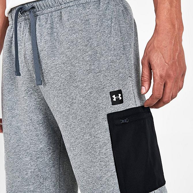 On Model 5 view of Men's Under Armour Rival Fleece Cargo Shorts in Grey Click to zoom