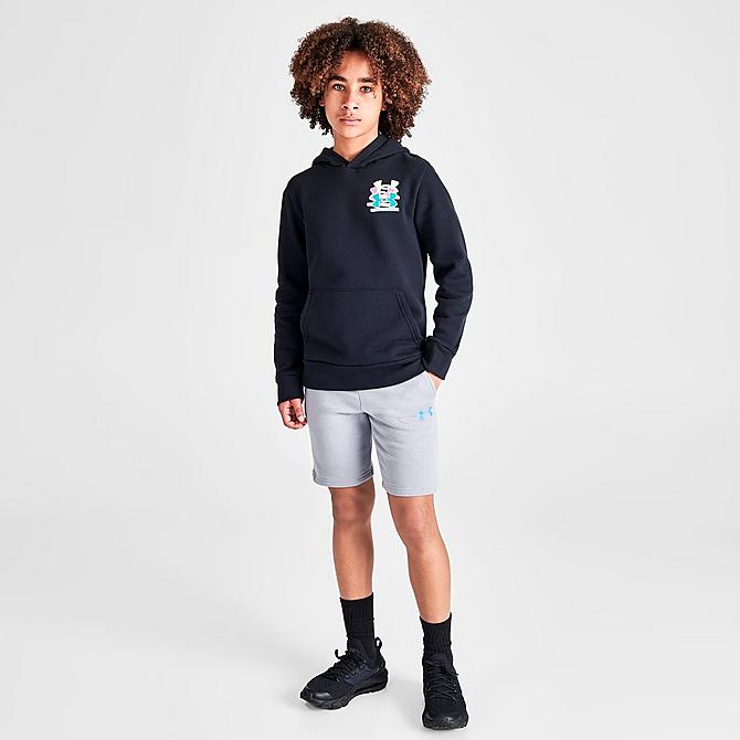 Front Three Quarter view of Boys' Under Armour Rival Fleece Shorts in Grey Click to zoom