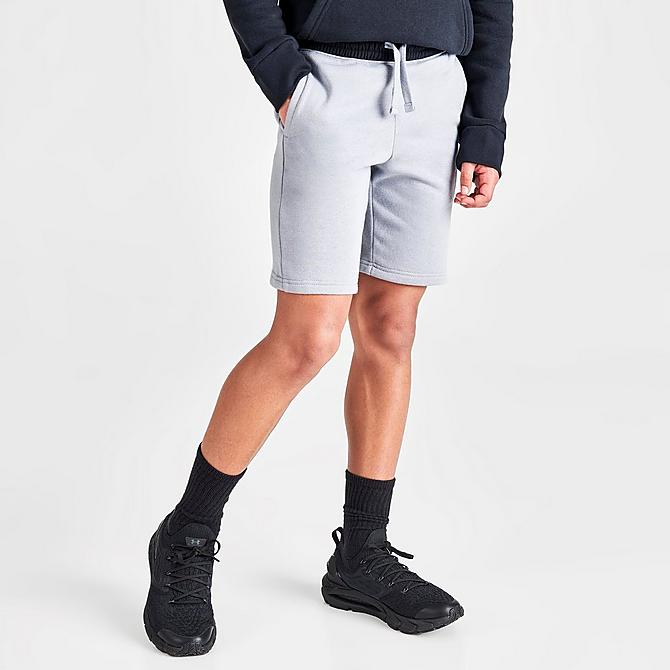 Back Left view of Boys' Under Armour Rival Fleece Shorts in Grey Click to zoom