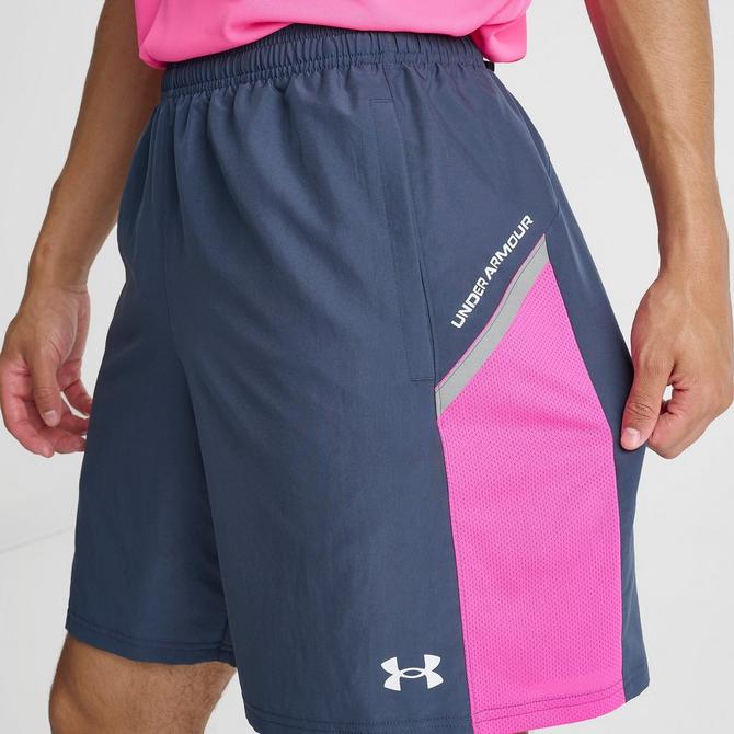 [angle] view of Men's Under Armour Core+ Woven Shorts in Downpour Grey/Rebel Pink Click to zoom