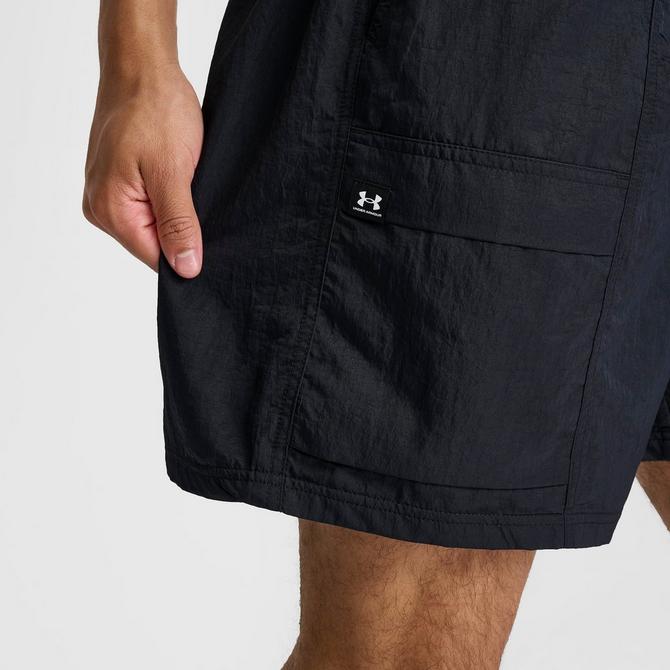 [angle] view of Men's Under Armour UA Icon Volley Cargo Shorts in Black/Castlerock/White Click to zoom