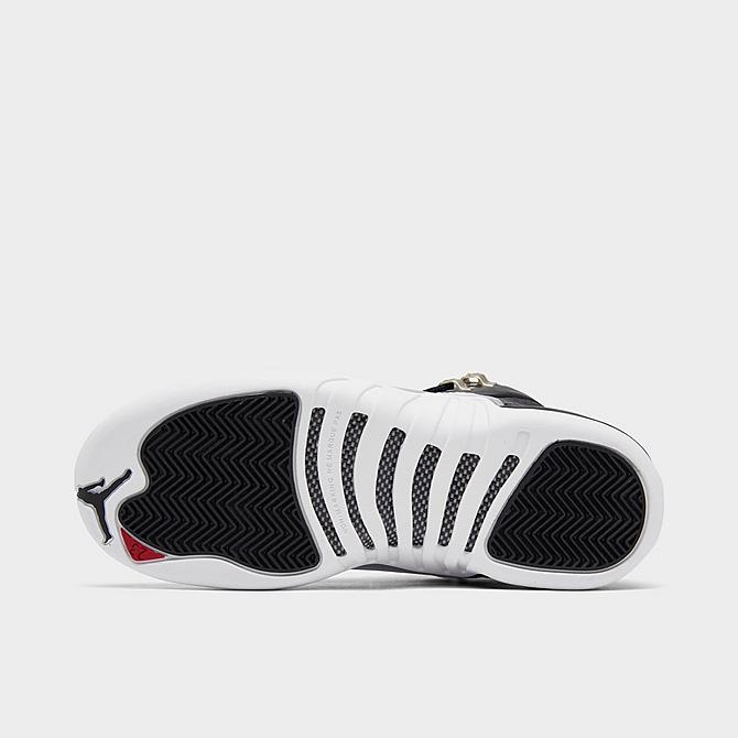 Bottom view of Big Kids' Air Jordan Retro 12 Basketball Shoes in Black/Varsity Red/White Click to zoom