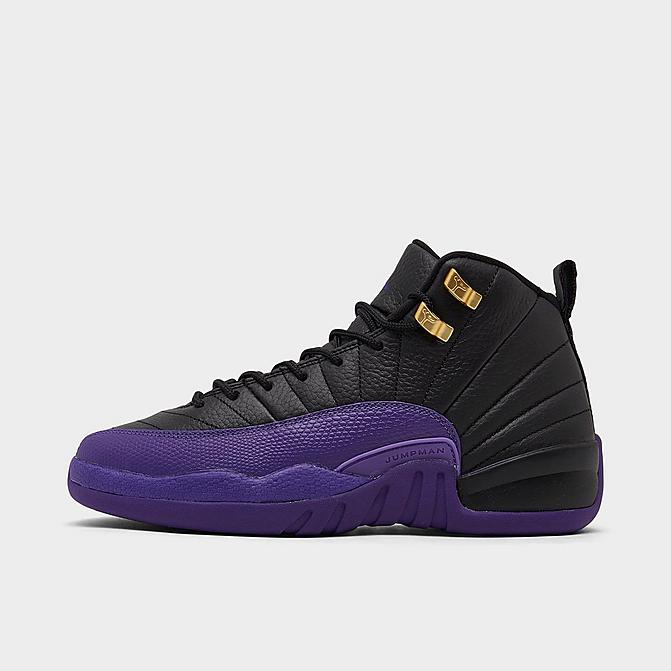 Right view of Big Kids' Air Jordan Retro 12 Basketball Shoes in Black/Field Purple/Metallic Gold/Taxi Click to zoom