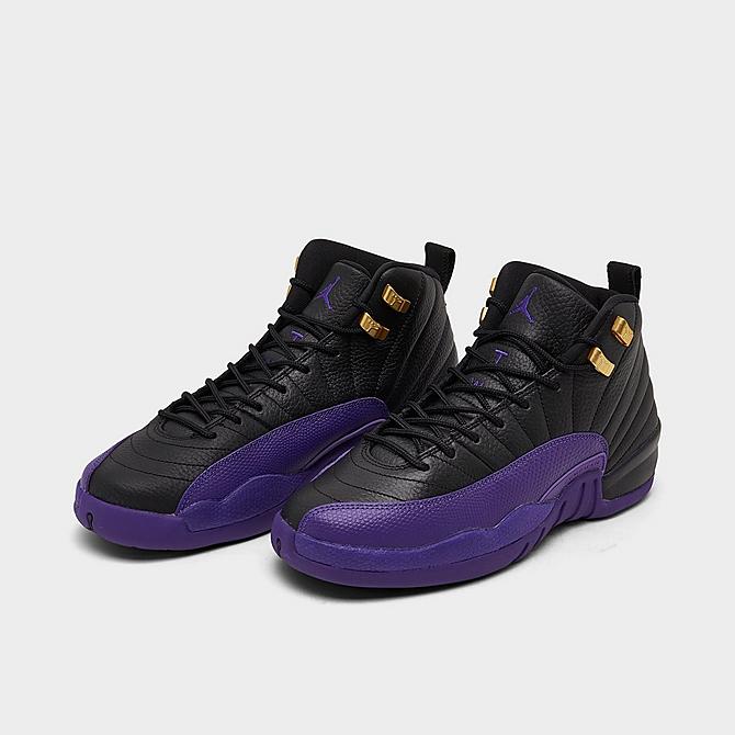Three Quarter view of Big Kids' Air Jordan Retro 12 Basketball Shoes in Black/Field Purple/Metallic Gold/Taxi Click to zoom