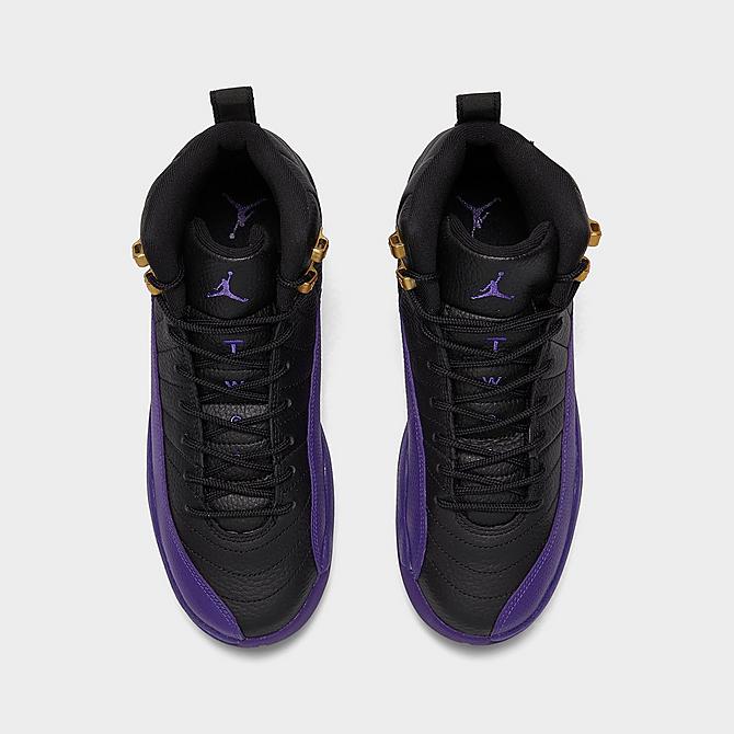 Back view of Big Kids' Air Jordan Retro 12 Basketball Shoes in Black/Field Purple/Metallic Gold/Taxi Click to zoom
