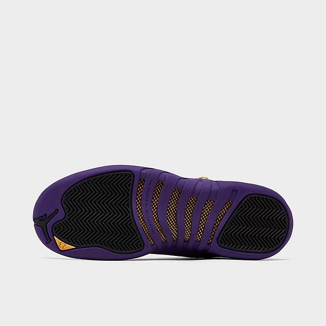 Bottom view of Big Kids' Air Jordan Retro 12 Basketball Shoes in Black/Field Purple/Metallic Gold/Taxi Click to zoom