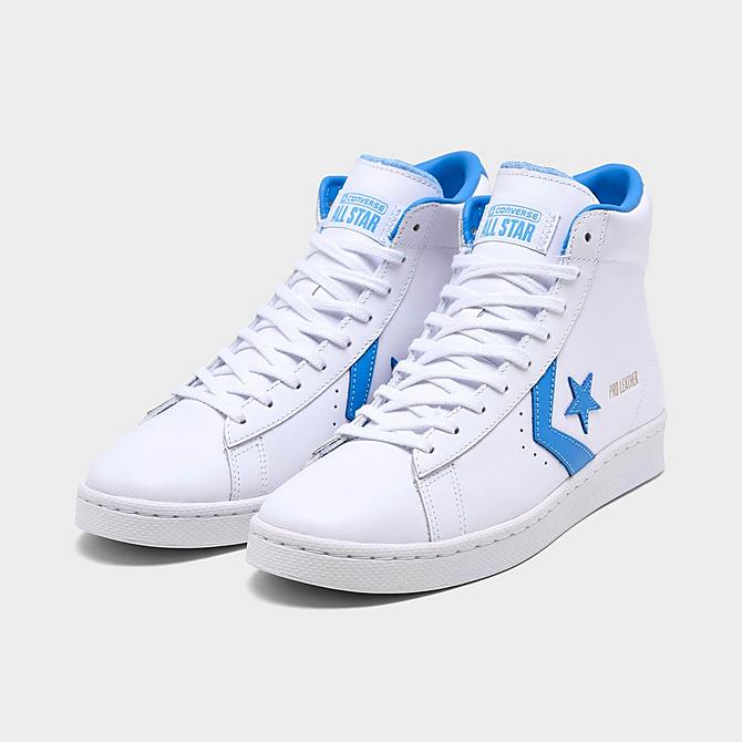Three Quarter view of Men's Converse Pro Leather High Top Casual Shoes in White/Coast Blue Click to zoom
