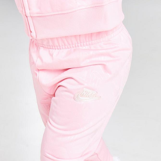 [angle] view of Girls' Infant Nike Debossed Futura Tricot Track Jacket and Joggers Set in Arctic Punch Click to zoom