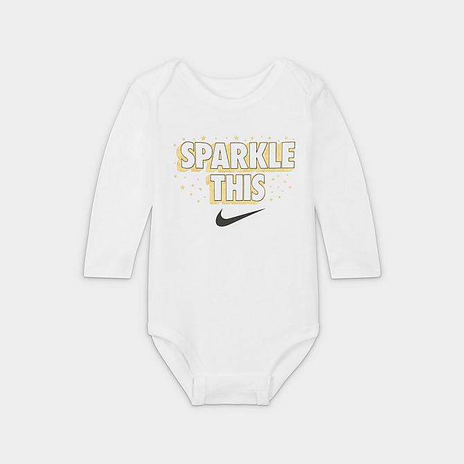 [angle] view of Girls' Infant Nike Sparkle Bodysuits and Jogger Pants Set (3-Pack) in Dark Grey Heather/Metallic/Black/White Click to zoom