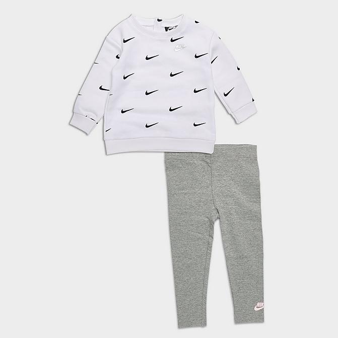 [angle] view of Girls' Infant Nike Mini Swoosh Crewneck Sweatshirt and Leggings Set in White/Black/Grey/Pink Click to zoom
