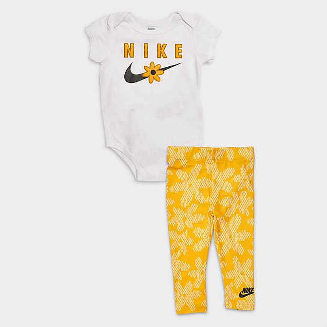 [angle] view of Girls' Infant Nike Sport Daisy Bodysuit and Leggings Set (12M - 24M) in Yellow/White/Black Click to zoom