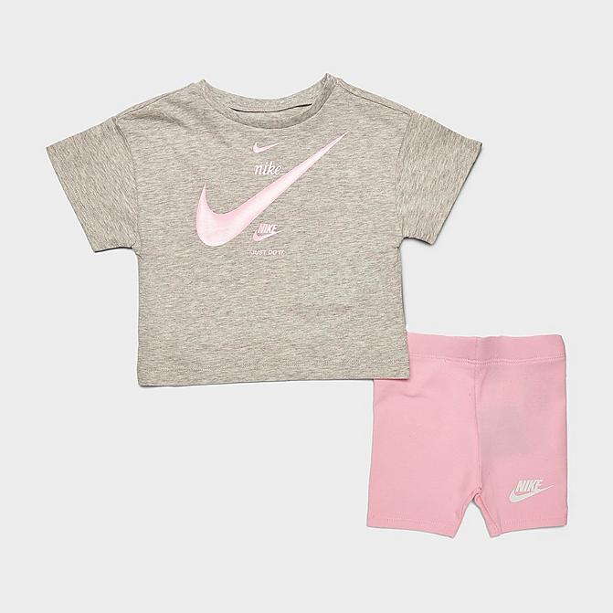 [angle] view of Girls' Infant Nike Repeat T-Shirt and Bike Shorts Set in Arctic Punch/Grey Heather Click to zoom