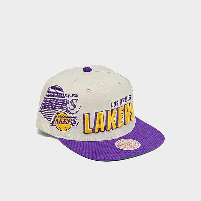 Three Quarter view of Mitchell & Ness NBA Los Angeles Lakers Draft Day 96 Snapback Hat in Cream Click to zoom