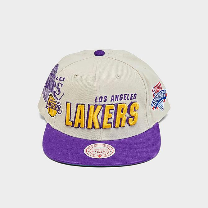 Front view of Mitchell & Ness NBA Los Angeles Lakers Draft Day 96 Snapback Hat in Cream Click to zoom